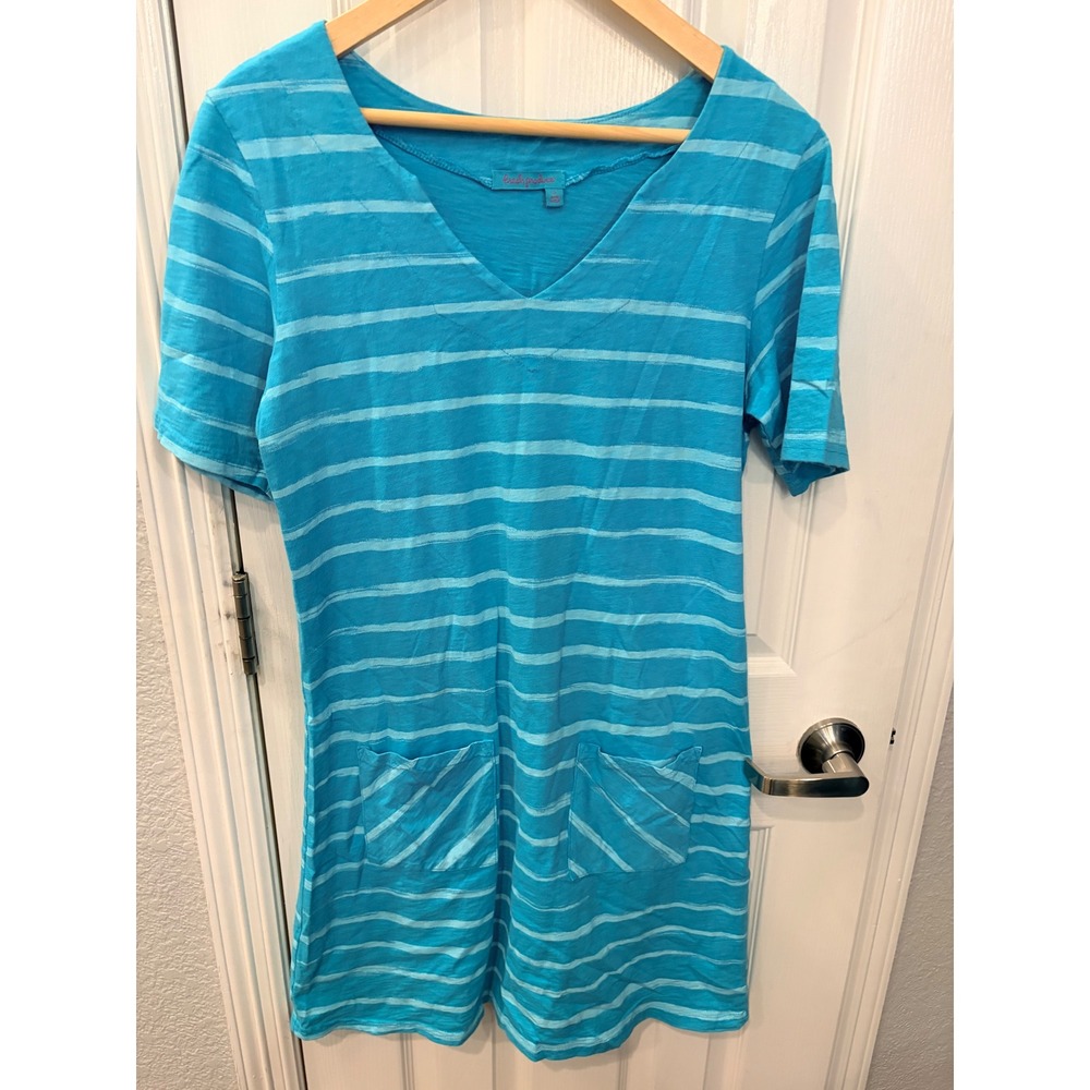 Fresh Produce T-Shirt Dress Turquoise Blue Striped V-Neck Pocket Mini 22085